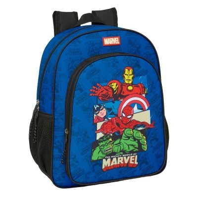 Mochila azul com personagens Marvel e texto THE MIGHTY WORLD OF MARVEL