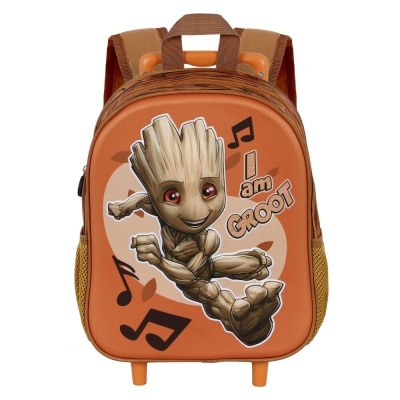 Mochila infantil laranja com personagem Groot e texto I am Groot