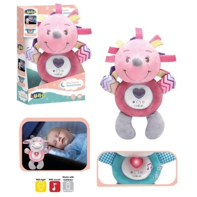 Pelúcia rosa com coração e texturas coloridas, embalagem com bebé a dormir