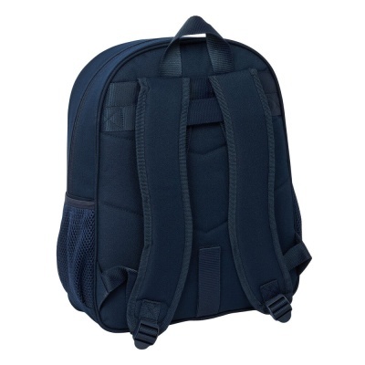 Mochila azul escura vista pelas costas com alças almofadadas e bolsos laterais em malha