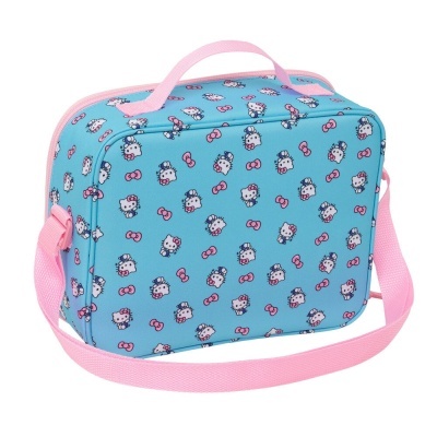 Mala térmica azul com padrão Hello Kitty e laços cor-de-rosa.