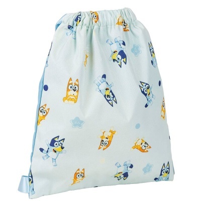 Saco de tecido branco com desenhos de personagens animados coloridos