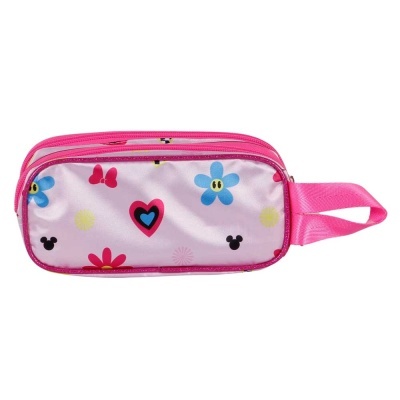 Estojo escolar rosa com estampado colorido