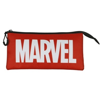 Estojo vermelho com fecho preto e texto branco MARVEL