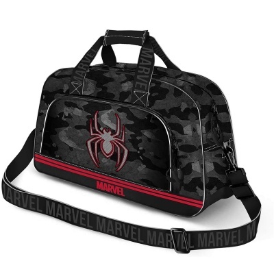 Mala desportiva preta camuflada com logótipo vermelho de aranha e texto MARVEL
