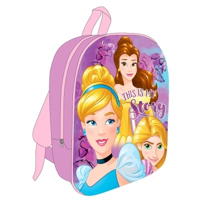Mochila infantil cor-de-rosa com personagens de desenhos animados e texto em inglês