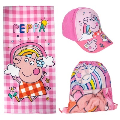 Conjunto infantil de toalha, boné e mochila rosa com personagens da Peppa Pig.