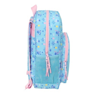 Mochila azul clara com padrão de abacaxis e personagem azul com fechos rosa