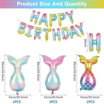 Balões coloridos com letras HAPPY BIRTHDAY e caudas de sereia com escamas