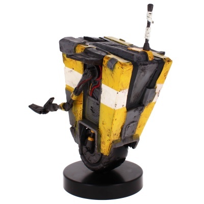Figura de robô amarelo e preto com base preta redonda