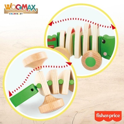 Brinquedo de madeira em forma de crocodilo verde e natural com rodas, Fisher-Price.