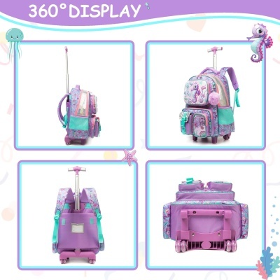 Mochila de rodinhas lilás com estampa de cavalos-marinhos e detalhes coloridos