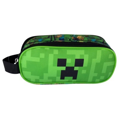 Estojo verde com padrão pixelado inspirado no jogo Minecraft e zíper preto.