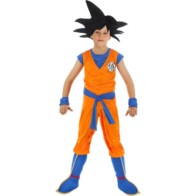 Fato cosplay Dragon Ball laranja e azul com peruca preta espetada