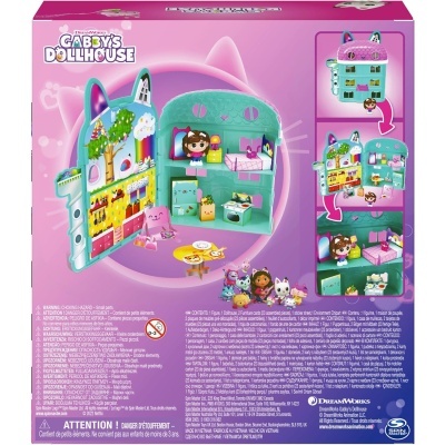Embalagem rosa de brinquedo Gabby's Dollhouse com casa de bonecas temática de gato e várias miniaturas