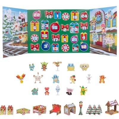 Calendário do advento Pokémon com figuras e acessórios natalícios coloridos