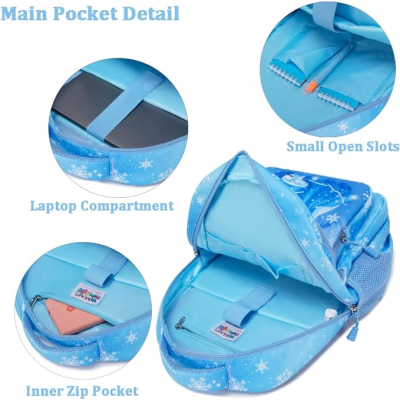 mochila azul com padrão de flocos de neve e vários compartimentos abertos