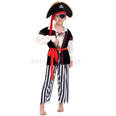 Fato de pirata infantil com camisa, colete preto, calças às riscas, faixa vermelha, tapa-olhos e chapéu de pirata