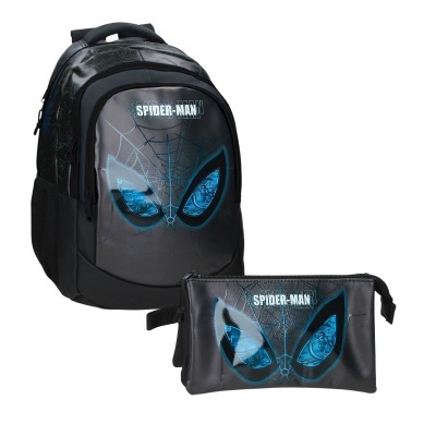 Mochila e estojo preto com padrão SPIDER-MAN e detalhes em azul