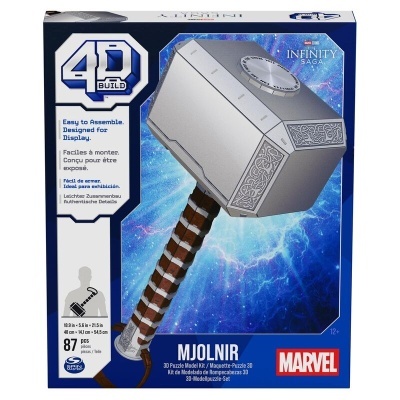Caixa do modelo 3D para montagem do martelo Mjolnir com fundo azul e letras Marvel.