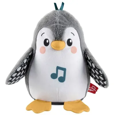Pelúcia de pinguim cinza e branco com nota musical no peito