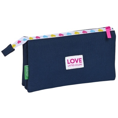 Estojo escolar azul escuro com fecho branco e corações coloridos