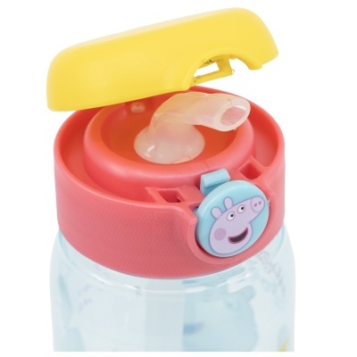 Garrafa de plástico com tampa amarela e rosa e decoração da Peppa Pig
