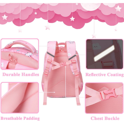 Mochila cor-de-rosa para crianças com alças, acolchoamento respirável, fecho de peito e revestimento refletor destacadas em quadros.