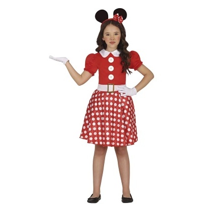 Fantasia infantil de Minnie Mouse com vestido vermelho e branco, luvas e acessório de orelhas.