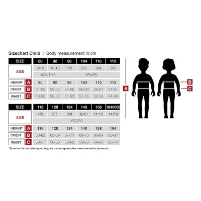 Tabela de tamanhos infantil com idade, altura, peito e cintura em centímetros