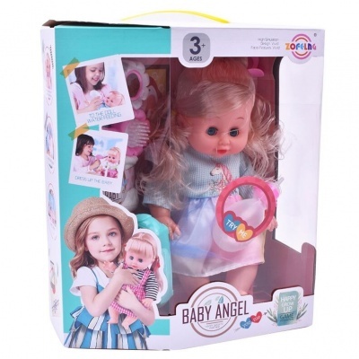 Boneca Baby Angel loira em caixa com chupeta rosa e imagens de criança