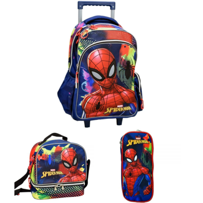 Conjunto escolar com mochila de carrinho, lancheira e estojo do Spiderman colorido.