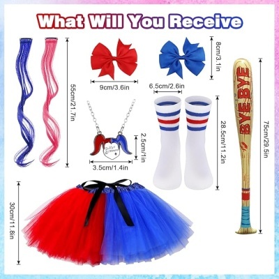 Conjunto de acessórios coloridos para fantasia incluindo peruca, laços, meias, saia tutu, colar e bastão de basebol