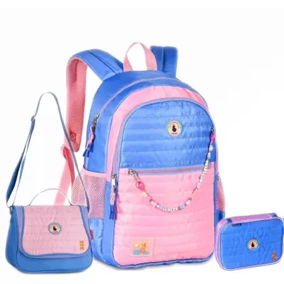 Conjunto de três bolsas azul e rosa acolchoadas com detalhes coloridos