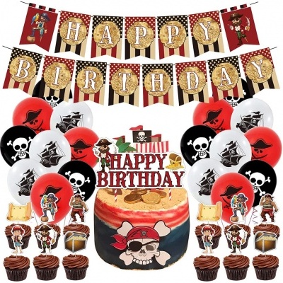 Decoração de festa pirata com balões, bandeirolas HAPPY BIRTHDAY, bolo e cupcakes com toppers de pirata