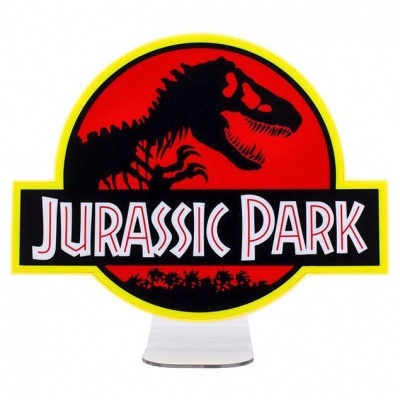 Logótipo Jurassic Park com dinossauro T-Rex em círculo vermelho e preto