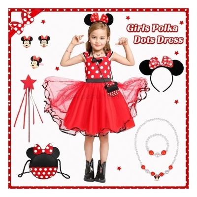 Vestido infantil vermelho com bolinhas brancas e acessórios Minnie Mouse
