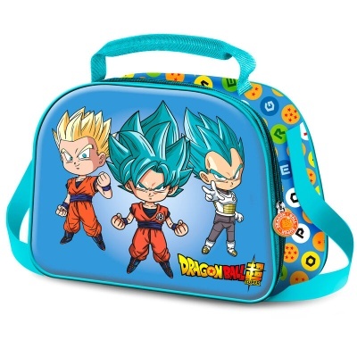 Mala azul com personagens de anime Dragon Ball Super em estilo chibi