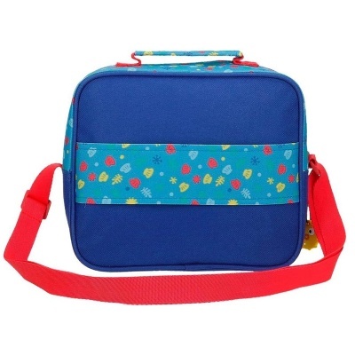 Mala térmica azul com padrão colorido e alça vermelha