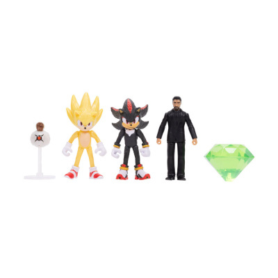 Cinco figuras de ação coloridas em fundo branco, incluindo personagens estilizados e uma pedra preciosa verde.