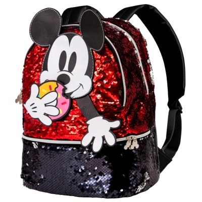 Mochila infantil com lantejoulas vermelhas e pretas e personagem da Disney