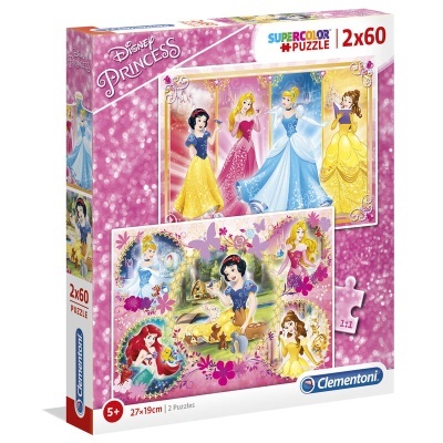 Caixa de dois puzzles Disney Princess com 2x60 peças e imagens de princesas coloridas
