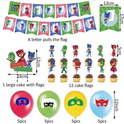 Decoração de aniversário com bandeirolas, bandeirolas para bolos e balões coloridos temáticos.