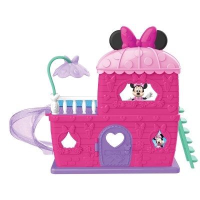 Brinquedo casa cor-de-rosa com tema Minnie Mouse e escorrega