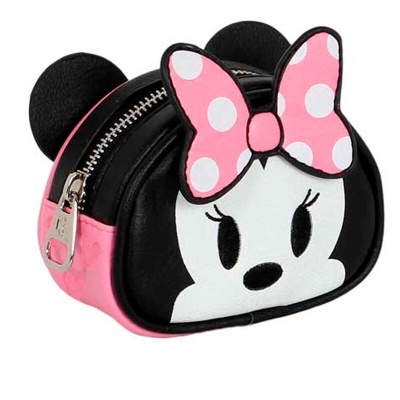 Bolsa pequena preta e rosa com cara da Minnie e laço às bolinhas