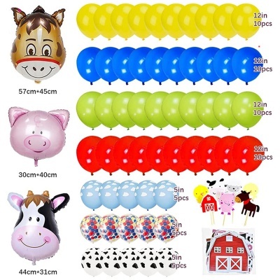 Conjunto de balões coloridos com animais e decoração de fazenda para festa