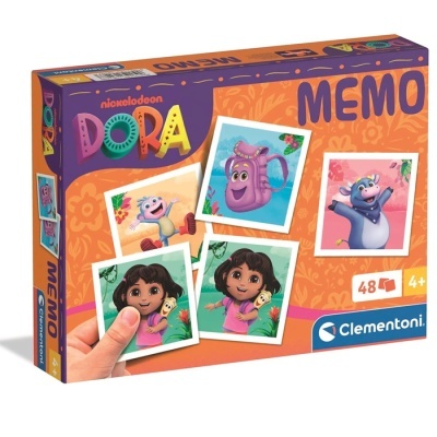 Caixa do jogo de memória MEMO Dora com imagens dos personagens e logótipo Clementoni.