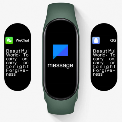 Pulseira inteligente verde com visor retangular e ícones de mensagens digitais