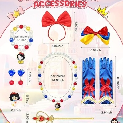 Acessórios para vestir princesa com laço vermelho, luvas azuis, brincos, e varinha em fundo claro.