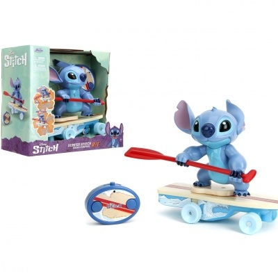 Figura de brinquedo Stitch azul com prancha de skate e remo, comando remoto e embalagem colorida